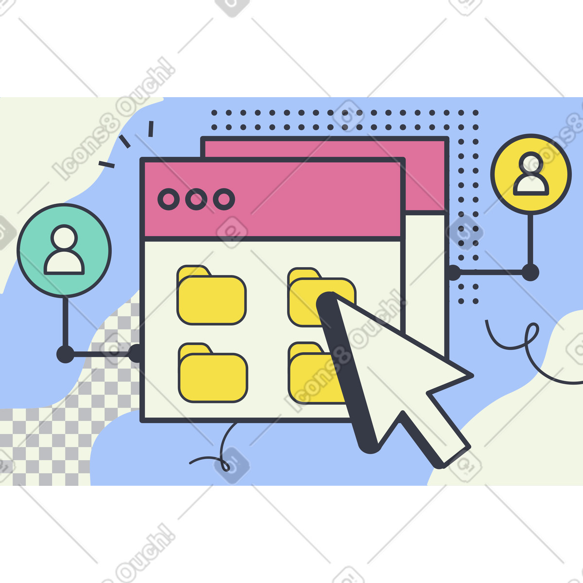 Browser windows with folders and user icons, Cloud storage and file sharing illustration in PNG, SVG