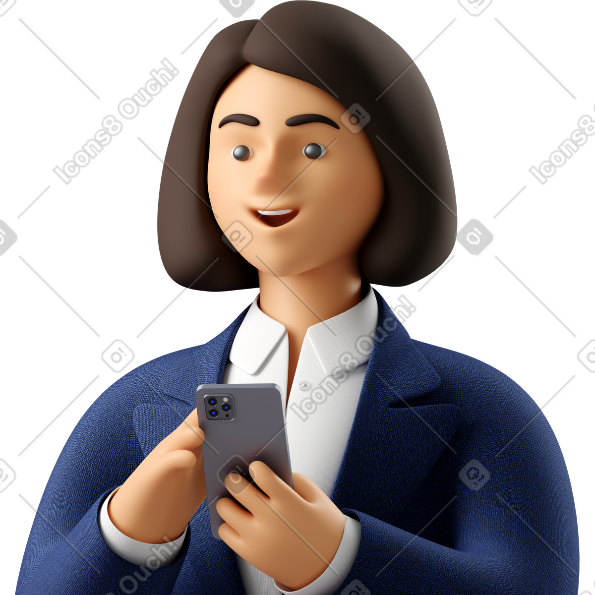 Ilustración Close up of businesswoman in blue suit with phone looking aside en estilo 3D Business a descargar en PNG y SVG