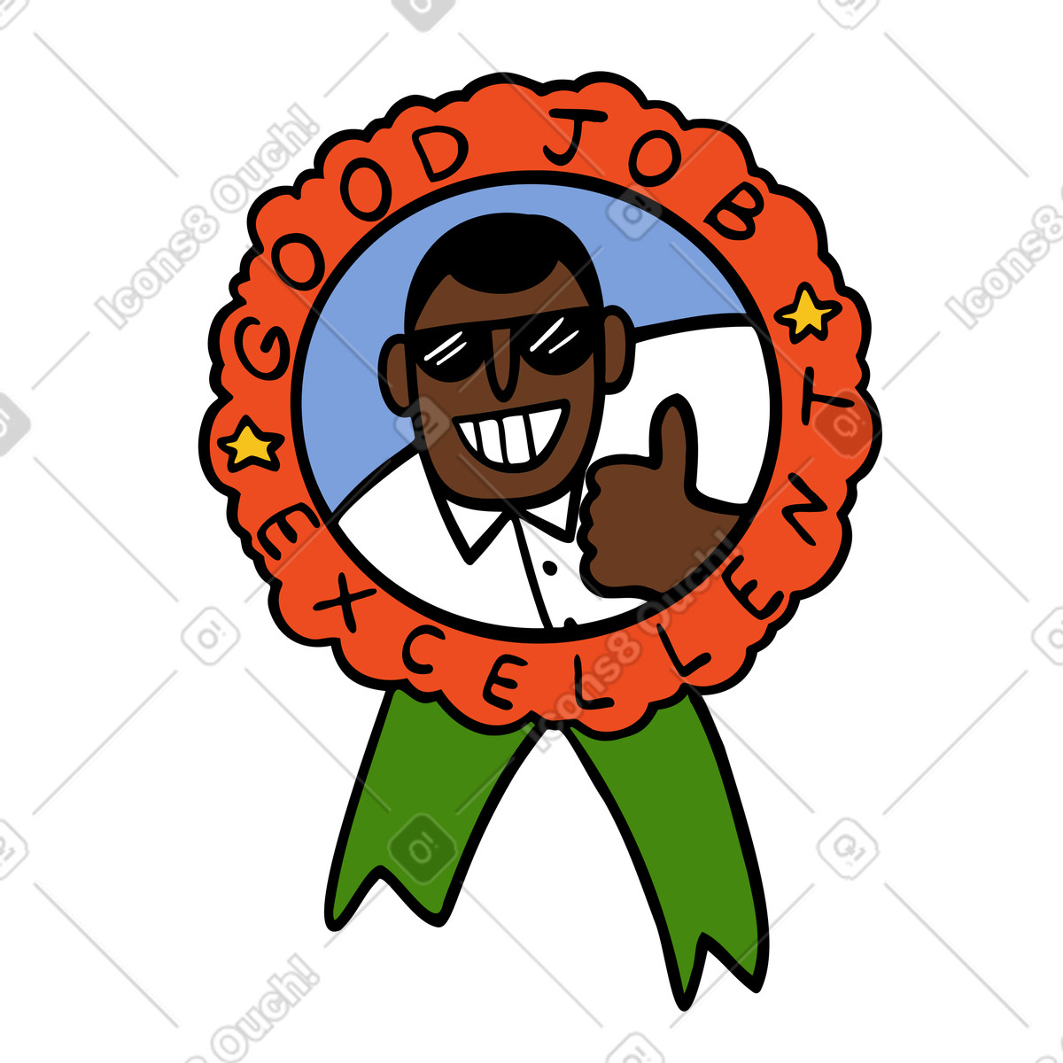 Illustration Un homme portant badge de bon travail montrant le pouce vers haut dans style Comic à télécharger aux formats PNG, SVG
