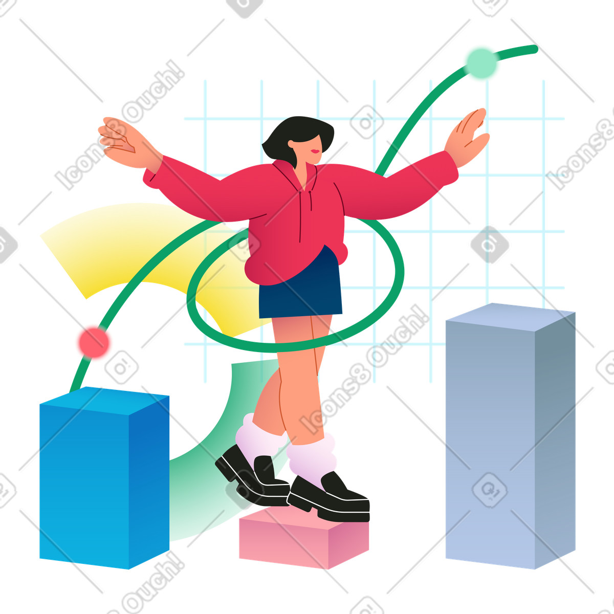 Person surrounded by dynamic financial data visuals, business intelligence and analytics animated illustration in GIF, Lottie (JSON), AE