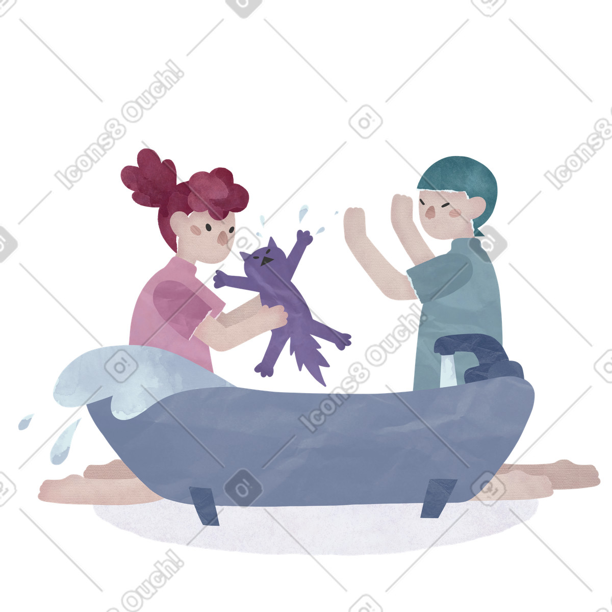 I bambini lavano un gatto illustrazione in stile Papery scarica in PNG, SVG