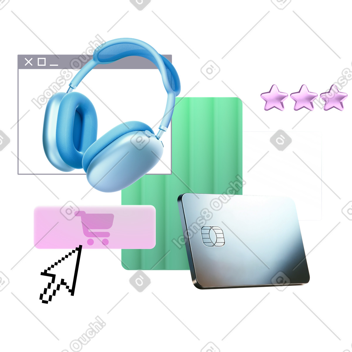 E-commerce and online shopping with headphones credit card illustration in Chromed style download in PNG, SVG