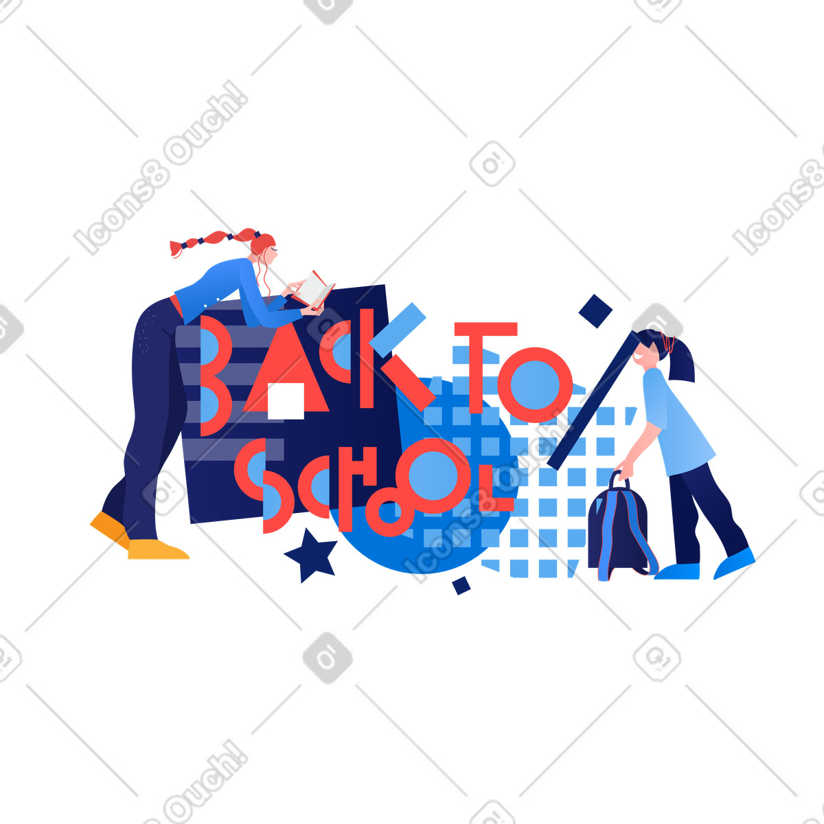 Back to school lettering with teacher and student, Classroom return academic readiness illustrazione in stile Clip scarica in PNG, SVG