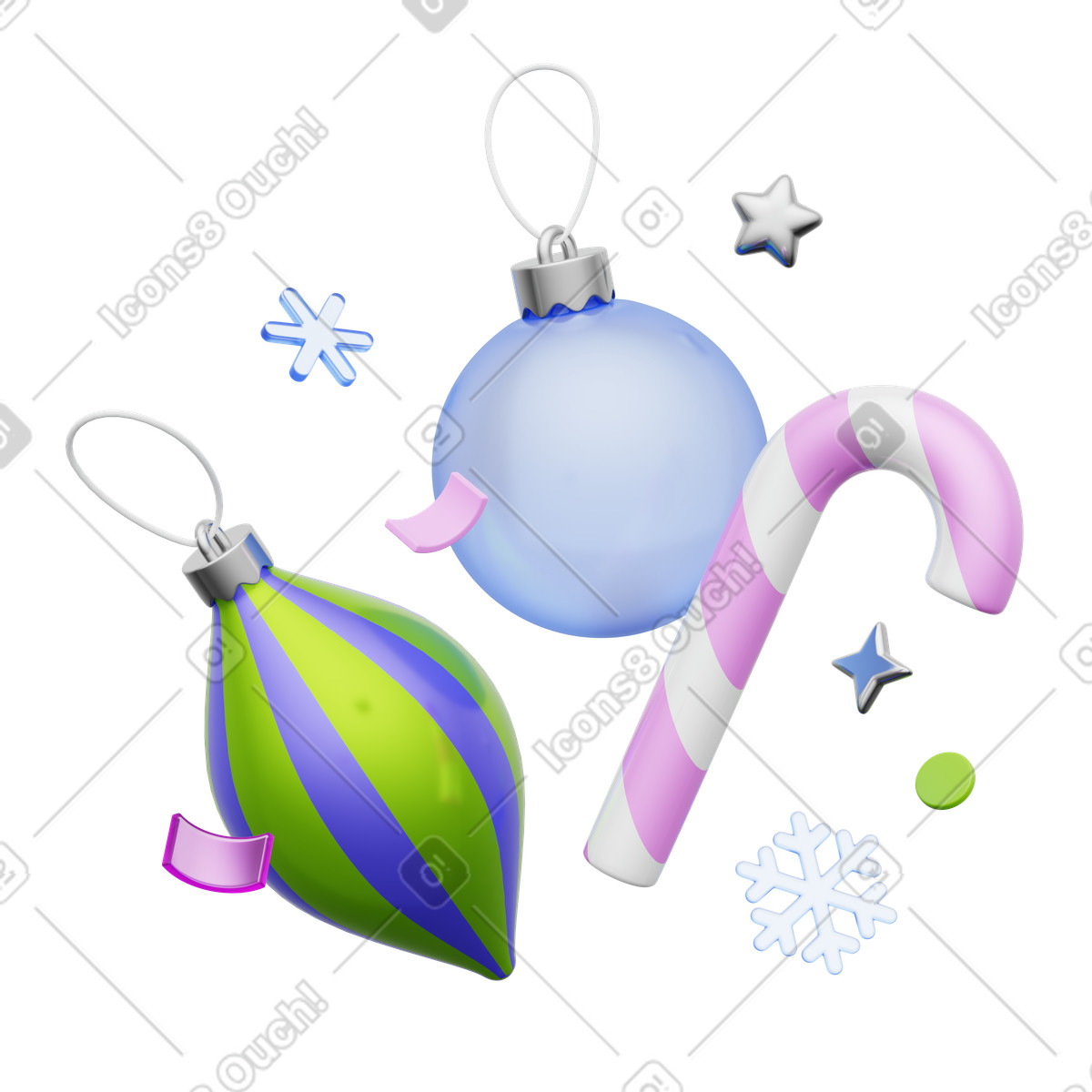 Christmas ornaments with candy cane and snowflakes, Holiday decorations festive elements illustration in 3D Playful style download in PNG, SVG