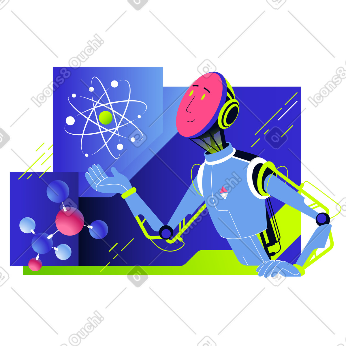 Robot android studia molecola e atomo illustrazione in stile Space scarica in PNG, SVG