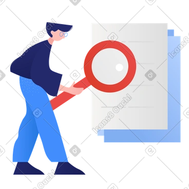 Man searching for something in document using magnifying glass PNG, SVG