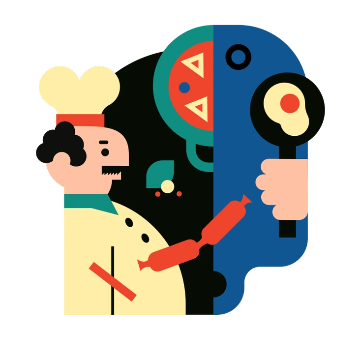 A chef holding a rolling pin and pizza - Polar style illustration