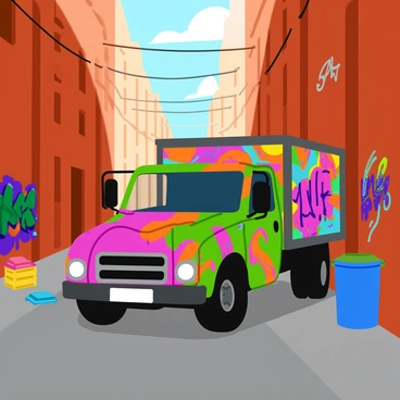 A truck covered in vibrant graffiti art is parked in a narrow city alley. The graffiti features a mix of bright colors and abstract designs, including swirling patterns and bold lettering. The truck itself is an old model, with rust showing through in places, adding character to its appearance. Surrounding the truck, tall brick walls are also covered in lesser graffiti, creating a lively urban atmosphere. Trash cans and scattered crates are placed along the alleyway, adding to the bustling city scene. The alley is illuminated by warm sunlight filtering through overhead wires.
