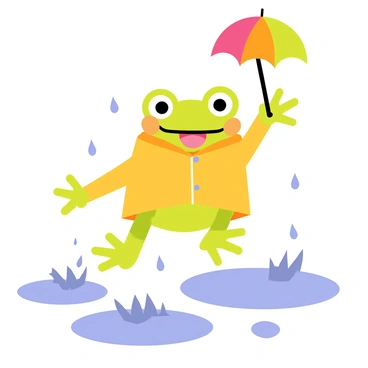 A cheerful frog with bright green skin is wearing a tiny yellow raincoat. It is holding a small, colorful umbrella above its head while it jumps joyfully in a series of puddles. The puddles are created on a wet, reflective ground, splashing water droplets all around. The frog has wide eyes and a big smile, showcasing its playful nature. There are small drops of rain falling around it, adding to the lively atmosphere of the scene.