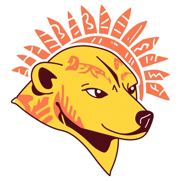 A yellow bear's head with intricate tribal patterns and symbols covering its surface. The patterns include geometric shapes and flowing lines, creating a sense of depth and texture. The bear's eyes are piercing and expressive, framed by the detailed designs. The background features an arrangement of additional tribal symbols in a contrasting orange color, emphasizing the bear's head as the focal point of the illustration.