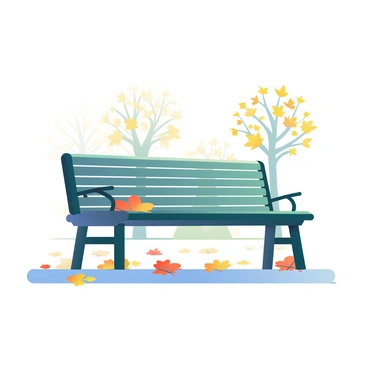 A single wooden bench is placed in the center of a quiet park during the fall season. The bench is painted a dark green color and has a simple design, featuring curved armrests and a slatted back. Surrounding the bench are numerous fallen leaves in various shades of orange, yellow, and brown, creating a colorful carpet beneath it. Some leaves are partially stuck to the bench, adding to the scene. In the background, there are trees with branches that have lost many leaves, while a few remaining leaves glow in the soft sunlight filtering through. The path leading to the bench is lined with more scattered leaves, enhancing the autumn atmosphere.
