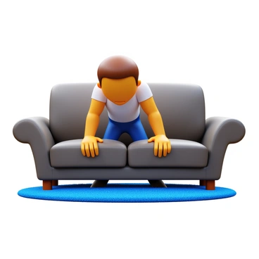 A person with a determined expression is positioned in front of a heavy sofa. Their hands are gripping the armrest of the sofa, and their body is leaning forward, emphasizing the effort being exerted. The carpet beneath the sofa is plush and textured, contrasting with the smooth surface of the sofa. You can see the fibers of the carpet slightly bending under the weight of the sofa. The person is wearing casual clothing, with visible tension in their muscles, illustrating the struggle against static friction. The environment is a cozy living room, with soft lighting that highlights the scene.
