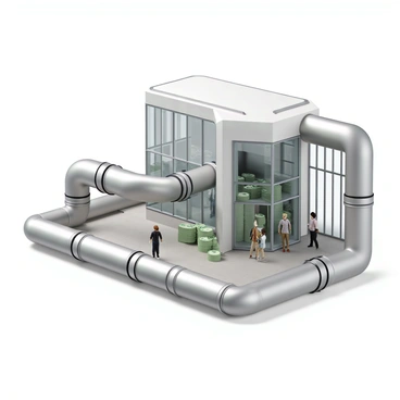 A complex pipeline made of shiny metallic material with a series of bends and joints. It is filled with stacks of cash, represented as neatly bundled stacks of bills, flowing through the pipeline. The pipeline connects to a modern business building with large glass windows and a steel frame. The building has a sleek design, and several people can be seen walking in and out of the entrance, suggesting a bustling environment. The scene conveys a sense of movement and financial activity.