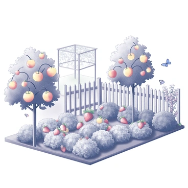 A garden scene featuring a variety of fruit-bearing trees and plants. There are apple trees with ripe, round apples hanging from the branches. Nearby, peach trees are laden with fuzzy, orange peaches. Rows of strawberry plants spread across the ground, adorned with clusters of small red berries. In the background, a sturdy wooden fence encircles the garden, with flowering trellises climbing upwards. Butterflies flutter around the plants, adding a lively element to the scene. "Fruits of the garden" are depicted prominently, showcasing the abundance of nature.