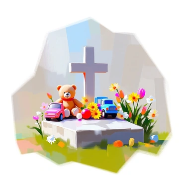 A child's grave is marked with a small wooden cross, standing upright at the head of the grave. The cross is painted white, and its surface shows signs of weathering. Surrounding the grave are an assortment of toys, including a colorful stuffed teddy bear, a small blue truck, and a bright red ball, each placed thoughtfully to honor the child's memory. Scattered around the cross are fresh flowers in vibrant colors, including yellow daisies, pink tulips, and white lilies, which create a serene and heartfelt tribute. The ground is neatly kept, with soft green grass framing the grave and providing a gentle contrast to the colorful decorations.