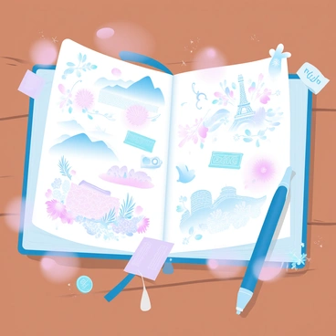 An open travel diary is placed on a wooden table. The pages of the diary are filled with colorful illustrations, capturing various scenes from adventures around the world. One page features a vibrant depiction of a sunset over a mountain range, while another showcases an intricate image of a bustling market filled with exotic fruits and spices. There are doodles of iconic landmarks, such as a silhouette of the Eiffel Tower and a depiction of the Great Wall of China. Scatterings of pressed flowers and small souvenirs, like a ticket stub and a coin, are tucked between the pages, adding to the sense of exploration and memories. A pen rests beside the diary, ready for the next entry.