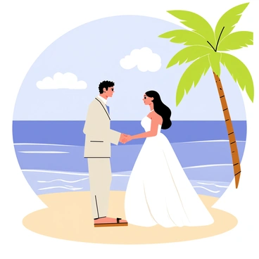 A couple standing on a sandy beach, facing each other as they exchange vows. The groom is dressed in a light linen suit, while the bride is wearing a flowing white wedding dress. The ocean is visible in the background, with gentle waves lapping at the shore. A bright blue sky is overhead, dotted with a few fluffy white clouds. Tropical palm trees are swaying softly in the breeze nearby, completing the romantic beach setting.