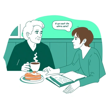 A teal mentor with salt-and-pepper hair is sitting across from a young white mentee in a cozy small café. The mentor has an attentive expression while holding a steaming white cup of coffee, and his other hand is placed thoughtfully on the table. The mentee, with short brown hair, leans forward with interest, holding a white notebook filled with handwritten notes. There are two small plates on the table, one with a slice of orange cake and the other with a pastry. The café has warm lighting with a wall decorated in teal, creating an inviting atmosphere for their discussion about life after parole.
