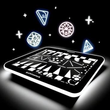 A sleek, futuristic backgammon board with a glossy surface, positioned on a high-tech table. Holographic game pieces are displayed in vibrant forms, floating above the board, with intricate designs and patterns. The board features illuminated lines separating the triangles, enhancing the sense of depth. Surrounding the setup, soft glowing lights create a dynamic atmosphere, giving the impression of an advanced gaming environment. "Backgammon" is inscribed in a modern font at the top of the board.