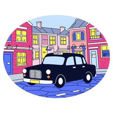 A classic British taxi with a black exterior drives over cobblestone streets. The taxi features the iconic round roof sign and has its headlights on. Surrounding the taxi are vintage brick buildings with colorful window shutters. The cobblestones are uneven and show signs of wear. In the background, there are hanging flower baskets adding a touch of color to the scene. The sky is clear, showcasing a bright day.