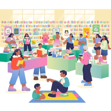 A vibrant book festival is taking place inside a spacious library filled with shelves of books. Colorful stalls are set up throughout the room, each adorned with bright banners showcasing various authors and genres. Some stalls have tables covered with stacks of books, and others display handmade crafts related to reading. Visitors of different ages are interacting, browsing through the selections, and engaging in conversations. Warm light filters through large windows, highlighting the lively atmosphere of the festival. A few children are gathered around a storyteller seated on a colorful rug, listening intently.