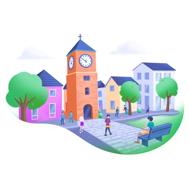 A town square with a brick clock tower striking noon