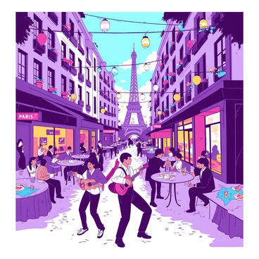 A vibrant street in Paris is illuminated by numerous colorful lanterns hanging overhead, casting soft light across the cobblestone pavement. People are gathered, dancing and enjoying the atmosphere, with some playing musical instruments such as guitars and accordions. The buildings lining the street are adorned with flowers in window boxes, and tables are set outside restaurants where guests are sharing laughter and meals. In the backdrop, the Eiffel Tower can be seen, glowing against the evening sky.