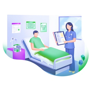 A hospital room containing a patient sitting on a bed wearing a hospital gown. The room is bright and sterile with medical equipment nearby. A nurse stands beside the bed holding a clipboard with a bill visible. The nurse is wearing scrubs and has a friendly expression. The wall features a calendar and a poster about health tips. A window shows a glimpse of a clear sky outside.