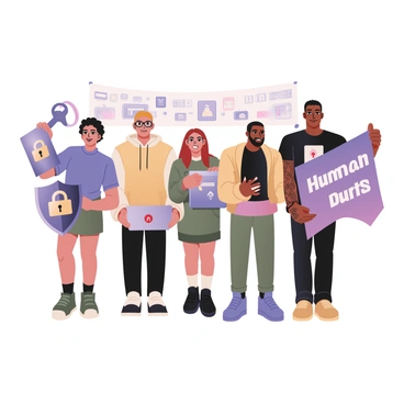 A digital flat illustration depicting a diverse group of five individuals standing shoulder to shoulder, representing a human firewall. The first person on the left is a woman with curly black hair, wearing a blue shirt and glasses, holding a shield with a lock symbol. Next to her is a man with short brown hair, dressed in a green hoodie, holding a tablet showing a security interface. The third individual is a person with long straight red hair wearing a yellow jacket, gripping a large key. Beside them stands a man with medium skin and a beard, wearing a dark t-shirt with a graphic of a padlock, holding a laptop with a red warning sign displayed on the screen. Lastly, on the right, a person with shaved head and tattoos is wearing a black shirt, holding a banner that reads "Protect Our Data." In the background, there are digital elements like binary code and shields to signify online threats.