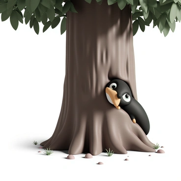 A niffler, with a glossy black coat and a long snout, is cleverly hiding behind a large, textured tree. The niffler's bright eyes are peeking out from behind the tree trunk, showcasing its curious expression. The tree has thick brown bark and lush green leaves surrounding it. Sunlight filters through the leaves, casting a dappled light on the niffler's fur. The ground is covered with small twigs and patches of grass, enhancing the natural setting.