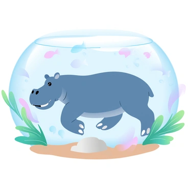 A hippopotamus is swimming gracefully underwater, its large body partially submerged. The water is clear, allowing a view of the hippopotamus as it moves effortlessly through the aquatic environment. Surrounding the hippopotamus are various colorful fish, swimming in schools. There are vibrant aquatic plants, with lush green leaves swaying gently with the movement of the water. Sunlight filters through the surface, casting soft patterns on the sandy floor below.