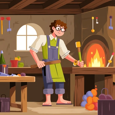A hobbit blacksmith with curly brown hair and round glasses is focused on his work. He stands in a rustic smithy, surrounded by wooden beams and warm, glowing coals in the forge. The blacksmith is holding a large hammer, striking a glowing piece of metal on an anvil. Various tools hang from the walls, including tongs, hammers, and chisels. A small window allows soft light to filter in, illuminating the scene. A wooden workbench is cluttered with unfinished items and scraps of metal. A warm glow radiates from the forge, highlighting the blacksmith's determined expression as he works.
