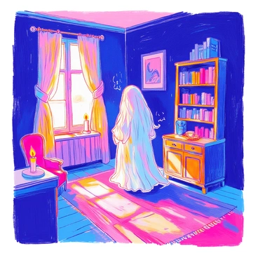 A dimly lit room reveals a ghostly figure standing near the corner. The figure has a translucent, flowing appearance with faint glimmers of light. Shadows dance along the walls, emphasizing the eerie atmosphere. The room contains old wooden furniture, including a tall bookshelf filled with dusty books. A single, flickering candle casts a warm glow, contrasting with the figure’s cold presence. The floor is covered with a worn-out rug, adding to the somber mood.