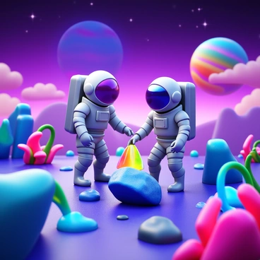 Two astronauts in futuristic space suits are exploring a vibrant alien planet. The terrain is dotted with unusual rock formations in shades of blue, pink, and green. Bioluminescent plants with glowing tendrils surround the astronauts, casting colorful reflections on their suits. A bright purple sky is filled with swirling clouds and distant stars. In the background, a large, colorful gas giant planet looms on the horizon, adding to the otherworldly atmosphere. The astronauts are examining an iridescent mineral embedded in a rock, showcasing the diversity of the alien landscape.