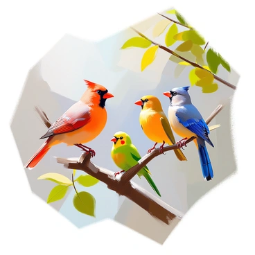 A group of various bird species perched on thin, twisting branches of a tree. Among them, a vibrant red cardinal stands out with its striking plumage. Nearby, a blue jay displays its rich blue and white feathers, while a yellow canary adds a splash of cheerful color. A small green parakeet sits close by, showcasing its bright green feathers. The birds are positioned in a natural arrangement, surrounded by lush green leaves that contrast with their vivid colors. Each bird is looking in different directions, creating a lively scene full of movement and life.