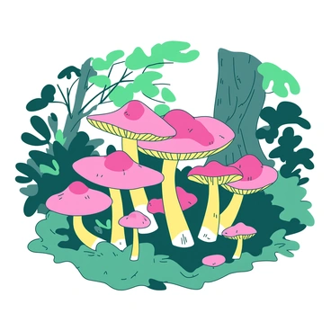 A circle of pink and yellow mushrooms is sprouting in a rich, green forest undergrowth. The mushrooms have various shapes and sizes, with some being tall and slender while others are short and stout. Surrounding the mushrooms, the forest floor is covered with lush green leaves and patches of soft moss. Sunlight filters through the branches above, casting dappled light on the vibrant mushrooms and creating an enchanting atmosphere in the forest.