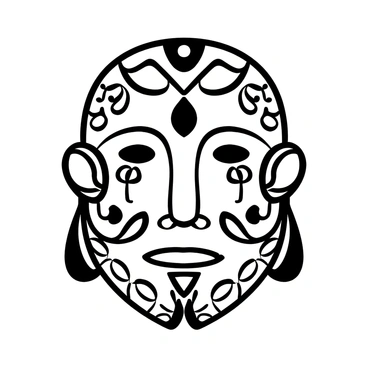 A tribal face depicted in line art, featuring intricate traditional markings and symbols covering the surface. The design includes geometric patterns and flowing lines that create a sense of depth and texture. The markings are bold and pronounced, showcasing a variety of shapes and styles that reflect cultural significance. The overall composition is balanced, with the face centrally placed against a plain backdrop.