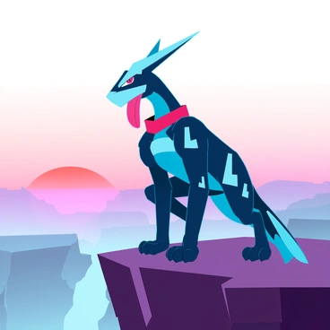 A sleek Greninja with blue and black skin, its tongue wrapped around its neck like a scarf, is poised gracefully on the edge of a rocky cliff. The early morning light casts a soft glow across its figure, accentuating the sharp features of its limbs and the distinct patterns on its body. The horizon is painted in hues of orange and pink as the sun begins to rise, illuminating the sky. Below the cliff, a sprawling landscape can be seen, with mist rising from the valleys, creating a mystical atmosphere. Greninja's stance is alert and focused, ready for action as the new day begins.