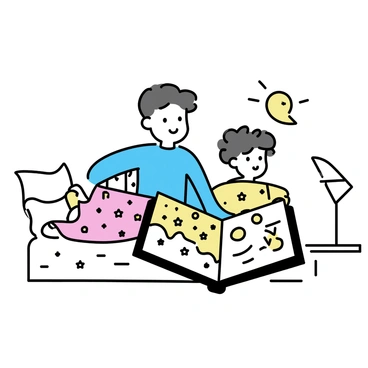 A parent, wearing a blue sweater, is sitting on a bed with a child. The child, with curly hair, is snuggled under a bright, patterned blanket featuring stars and moons. The parent is holding a large, colorful book open, displaying illustrations of animals and fairytales. Soft pillows are arranged behind them, and a warm lamp emits a gentle glow, creating a cozy atmosphere in the room.