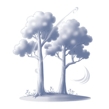 A landscape featuring tall, majestic trees with thick trunks and expansive canopies. The trees have large, leafy branches that sway gently in the wind. Wisps of wind are visible, swirling around the tree trunks and branches. The ground is covered in soft grass, and small plants are scattered throughout the scene. The overall atmosphere conveys a sense of tranquility and connection between nature and the whispers of the wind.