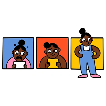A cartoon illustration featuring a series of three panels showing a character with light skin and short black hair. In the first panel, the character has big eyes wide open, raised eyebrows, and a mouth in an "O" shape, depicting fear, with sweat droplets on their forehead. In the second panel, the character's expression shifts to a mix of anxiety and determination, with slightly narrowed eyes, furrowed brows, and a closed mouth, looking down at a piece of paper. In the third panel, the character displays confidence, with big eyes filled with determination, relaxed brows, and a wide smile, standing tall with their hands on their hips. Each panel shows a colorful background that shifts from dark blues in the first panel to bright yellows in the last.
