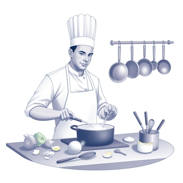 A chef stands in a kitchen, wearing a white apron and a tall chef's hat. The chef is in the process of stirring a large pot on the stove, steam rising above it. Ingredients are scattered across the countertop: chopped vegetables, a cracked egg, and spilled flour. A few cooking utensils, including a wooden spoon and a whisk, are also lying around in disarray. The chef has a focused expression, with flour dusting their cheeks, while the background showcases pots and pans hanging on a rack, giving a busy kitchen atmosphere.