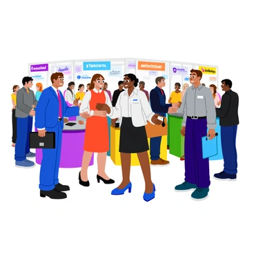 A job fair scene featuring a diverse group of employers and candidates. On one side, a male employer wearing a blue suit is enthusiastically shaking hands with a female candidate in a white blouse and black skirt. In the center, a female employer in a red dress is discussing opportunities with a male candidate in a gray shirt. Various colorful banners representing different companies are displayed behind the employers. The atmosphere is busy, with several other candidates engaging in conversations and exchanging business cards. Bright lights illuminate the area, creating a lively environment.