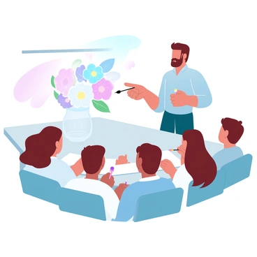 An illustration tutor is standing next to a table where a still life scene is arranged. The table holds a clear glass vase filled with colorful flowers, showcasing various types and shapes. The tutor is pointing to the vase while holding a sketchpad in the other hand, offering guidance to a group of students seated around the table with their own drawing materials. Some students have sketchpads open, while others are observing intently. The background consists of soft gradient pastel colors that create a vibrant, inviting atmosphere for the creative session.