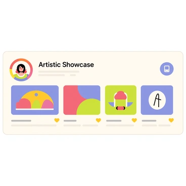 A social media profile page with a colorful header featuring the text "Artistic Showcase" in playful typography. The profile picture is a circular frame containing a vibrant, illustrated avatar. Below the header, there are rectangular thumbnails displaying artistic posts, including a landscape painting, a graphic design piece with bold colors, and a black-and-white sketch, all arranged in a neat grid layout. The background of the profile page is a soft pastel color that enhances the visual appeal of the artworks. Each post thumbnail has a small heart icon in the corner, indicating likes.