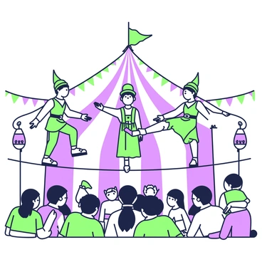 A circus act is taking place under a grand tent. In the center, a group of acrobatic elves is performing on tightropes that stretch across the arena. Each elf is wearing a vintage outfit adorned with intricate patterns and detailed accessories, including hats and belts. One elf is gracefully balancing on one leg, arms outstretched for stability, while another elf is performing a split mid-air. Below them, the audience is gathered, showcasing a mix of curious expressions. Colorful banners and circus props decorate the scene, adding to the festive atmosphere.