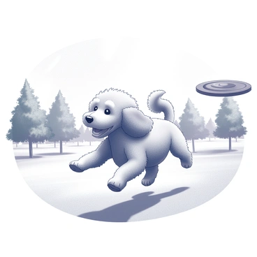 A happy labradoodle with fluffy fur is running energetically in a park. The dog has its ears flapping as it sprints, with focus intently on a frisbee flying through the air. In the backdrop, there are scattered green trees and a grassy field, with rays of sunlight filtering through the leaves, creating dynamic shadows on the ground. The dog’s tail is wagging joyfully, and its mouth is open in an expression of excitement. The frisbee is visible mid-flight, illustrating the playful interaction between the dog and the toy.