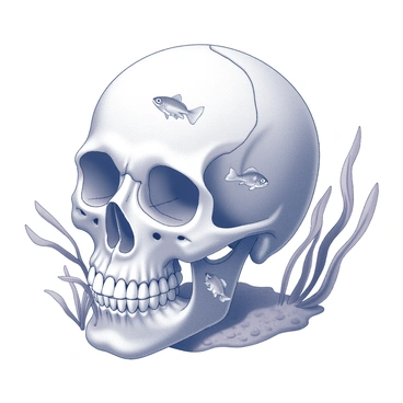 A detailed skull positioned upright, serving as a fishbowl. The skull features intricate carvings and textures, with the eye sockets and nasal cavity forming openings for the water. Inside the skull, several small fish are swimming gracefully, their fins creating gentle ripples in the water. The surrounding area includes aquatic plants with long, flowing leaves extending into the skull, complementing the underwater scene.