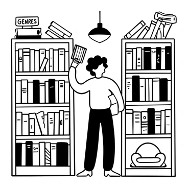 A person with curly hair is standing in between wooden shelves filled with numerous books. The shelves are packed tightly, showcasing an array of intricate, detailed book spines. The individual is holding a book in one hand and reaching for another book with the other hand. There are signs displaying genres above the shelves, and a small reading nook with a cozy armchair is visible in the corner. A light fixture hangs from the ceiling, casting gentle illumination on the bookshelves.