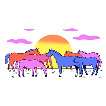 A herd of horses standing together, their outlines created by the early morning light. The horses are depicted in a variety of poses, with some grazing and others standing still. The sky is filled with bright hues of orange, pink, and yellow as the sun rises on the horizon, illuminating the scene. The ground is flat and grassy, with a few scattered tufts of grass visible at the feet of the horses.